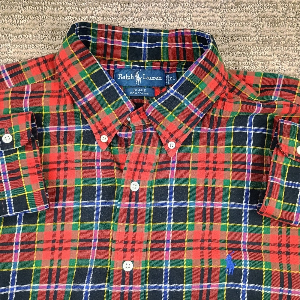 Ralph Lauren Flannel Shirt Mens XL Plaid Red Tartan Blake Cotton Button Down